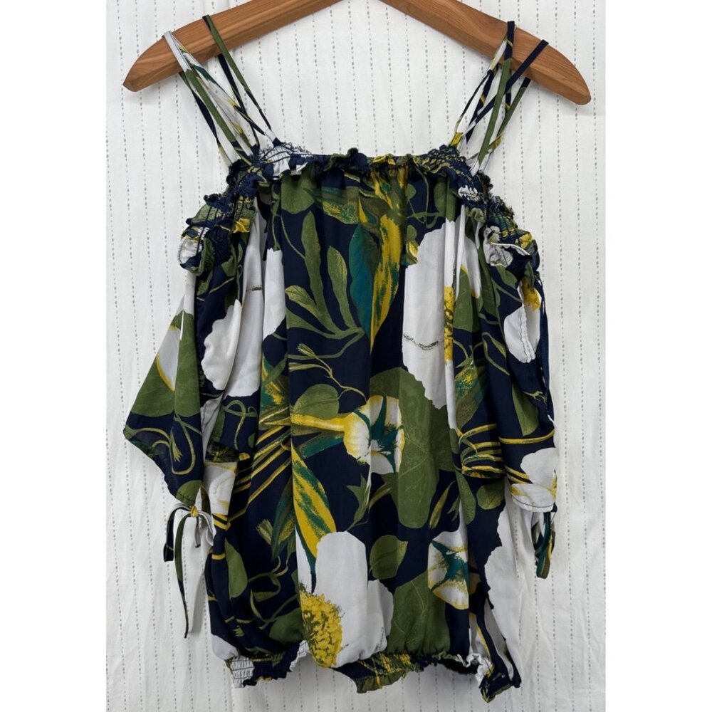 7th Avenue Women Blouse Sz L Navy Floral Off-Shoulder Flirty Tropical ResortWear - Picture 4 of 12